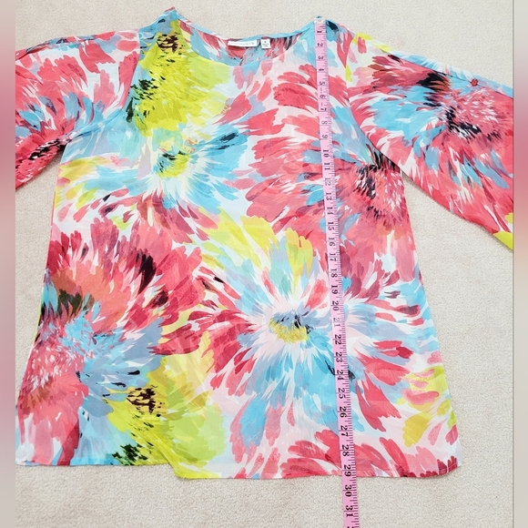 Susan Graver Women's M Sheer Floral Split Sleeve Blouse Top Multicolor Pullover - Picture 7 of 11